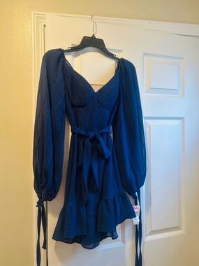 New B. Darlin Blue Long-Sleeve V-Neck Tie-Waist Dress